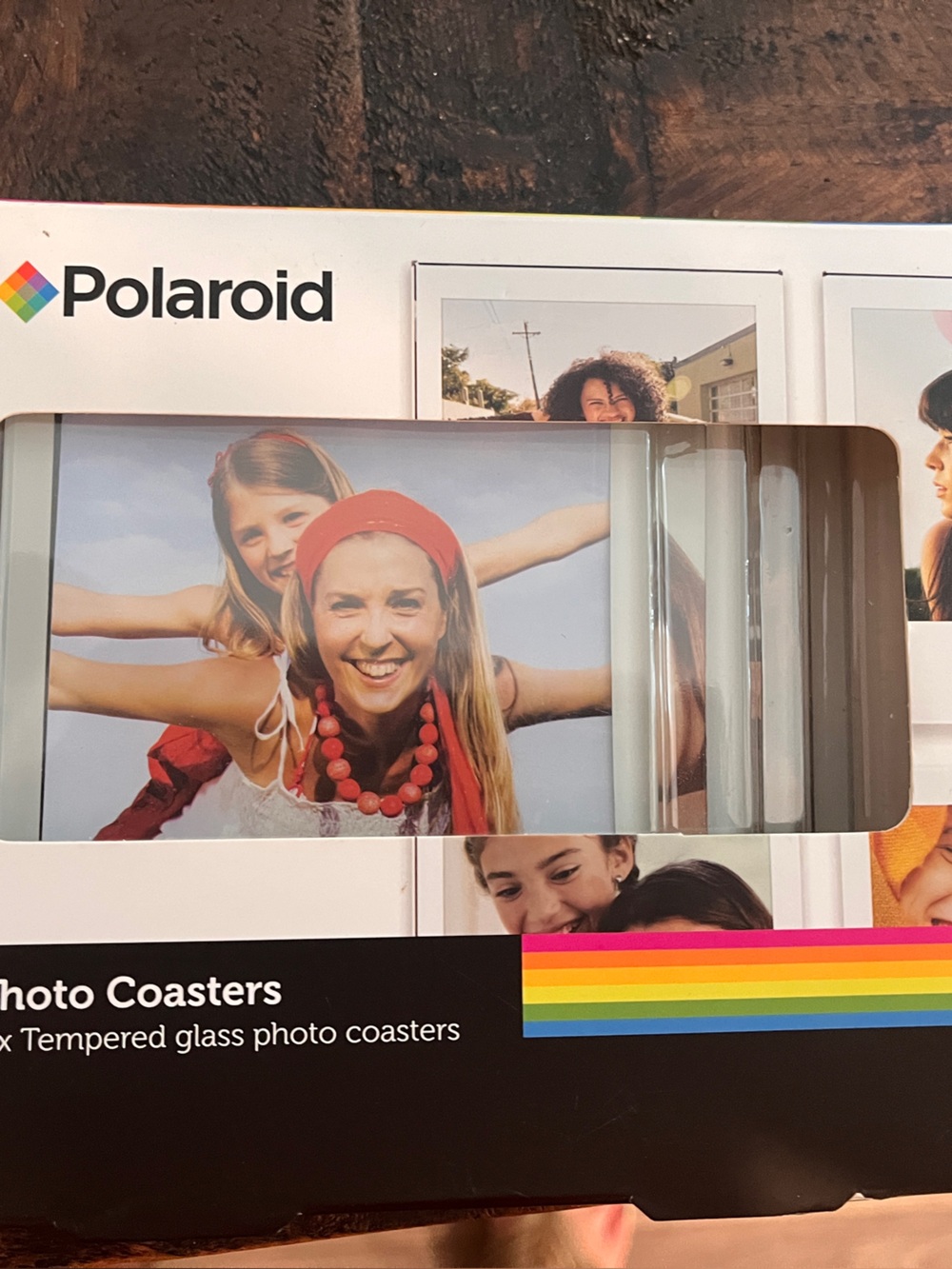Polaroid Glass Photo Coasters with Rainbow Stripe